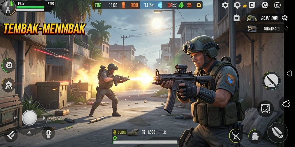 Screenshot utama F08 menampilkan aksi tembak-menembak yang menegangkan.