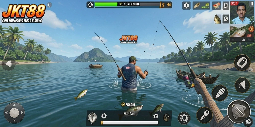 Screenshot gameplay JKT88 yang menunjukkan aksi memancing seru.