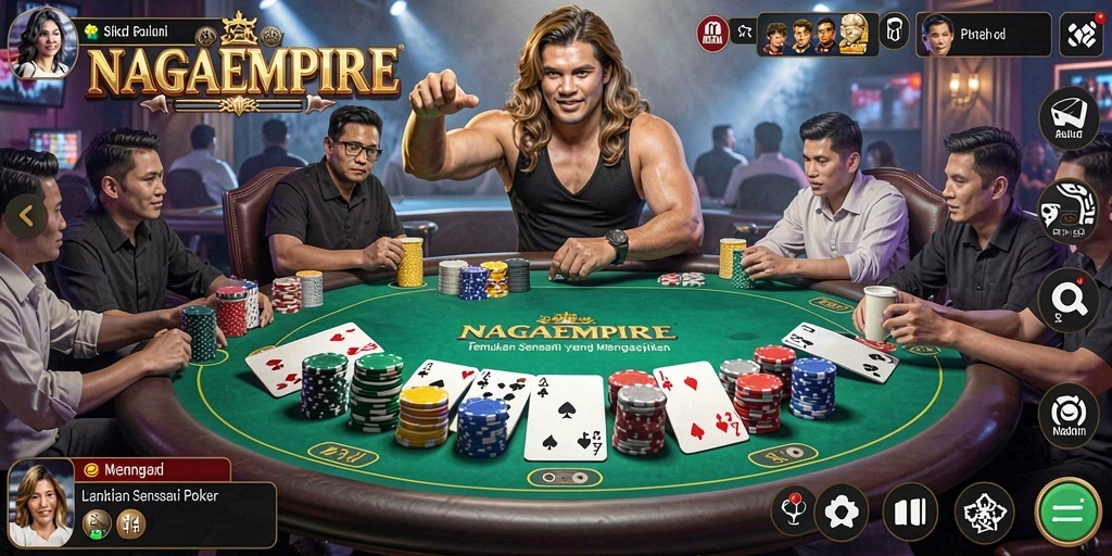 Screenshot gameplay utama NAGAEMPIRE yang menampilkan momen seru poker.