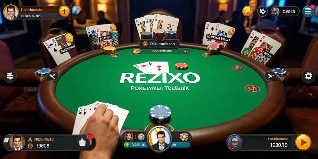 Tangkapan layar gameplay <strong>REZIXO</strong> yang menunjukkan keseruan kartu poker di meja.