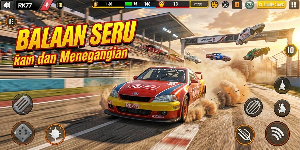 Tangkapan layar gameplay RK77 yang penuh aksi balapan.