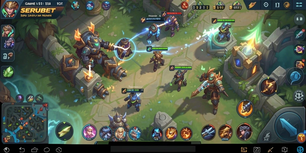 Screenshot utama SERUBET menampilkan aksi seru dalam pertandingan MOBA.